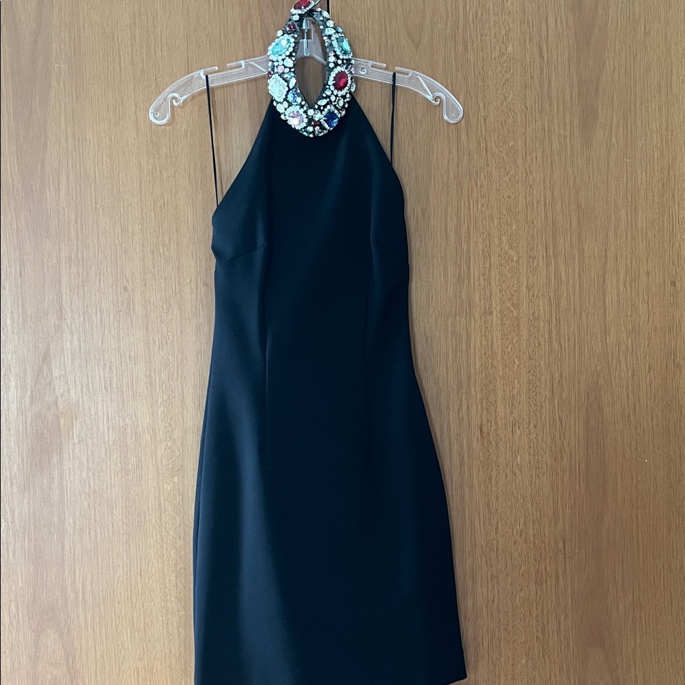 AREA Black Beaded Halter Mini Dress